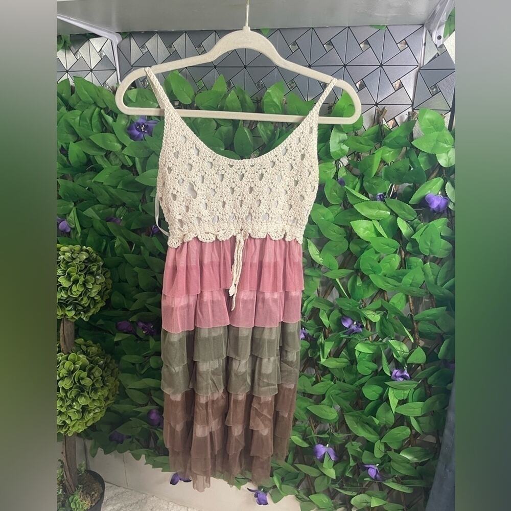 J. Gee Small Boho Cream Crochet Tiered Mini Dress EUC - Picture 2 of 12